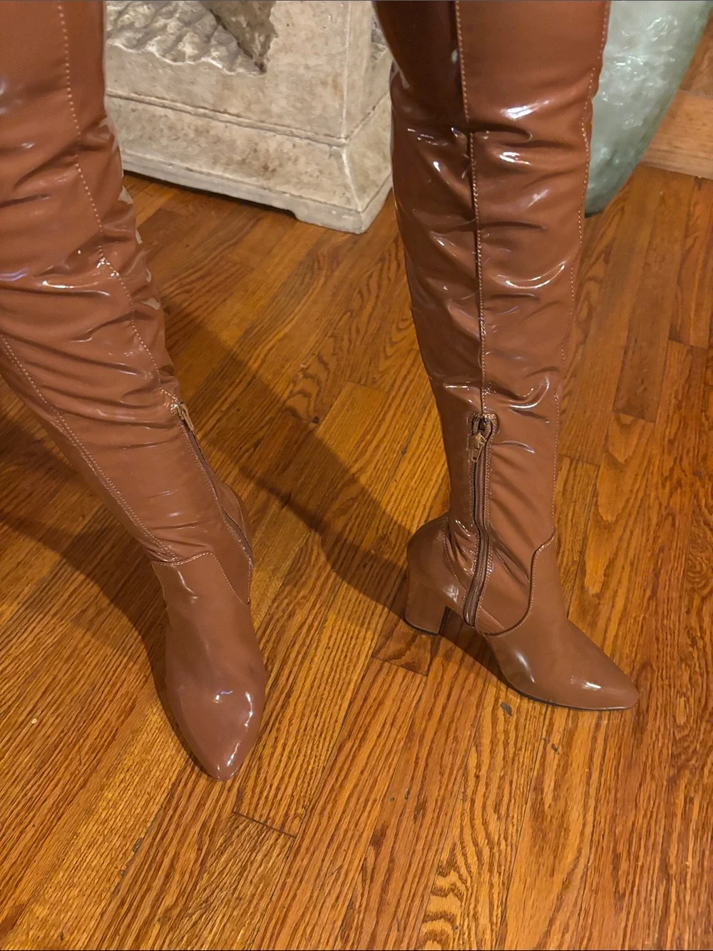 Knee-High Patent Leather Boots - Tan
